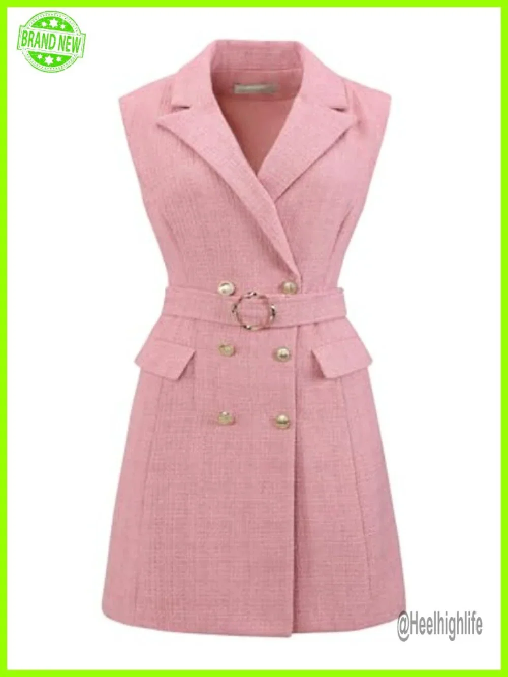 Tweed Collared Belted Button Down Work Blazer Dress